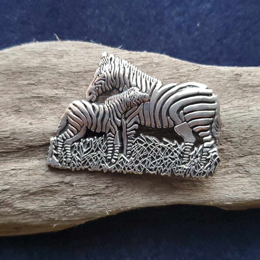 Taxco Mexico Sterling Mama and Baby Zebra Brooch